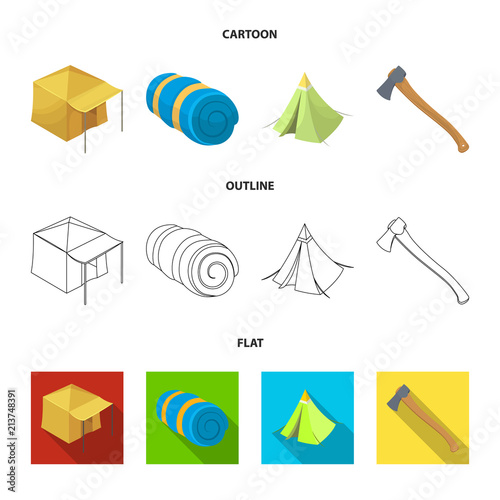 Tent with awning, ax and other accessories.Tent set collection icons in cartoon,outline,flat style vector symbol stock illustration web.