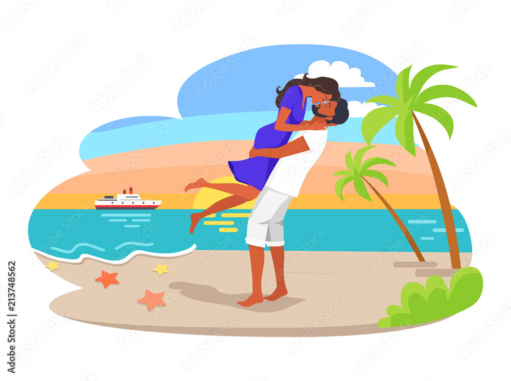 Couple Cuddling by Seaside Vector Illustration