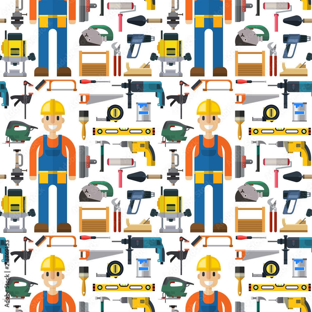 Construction man and building tools carpenter industry worker equipment seamless pattern background vector illustration.