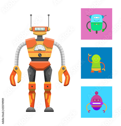 Cute Humanoid Robot, Colorful Vector Illustration