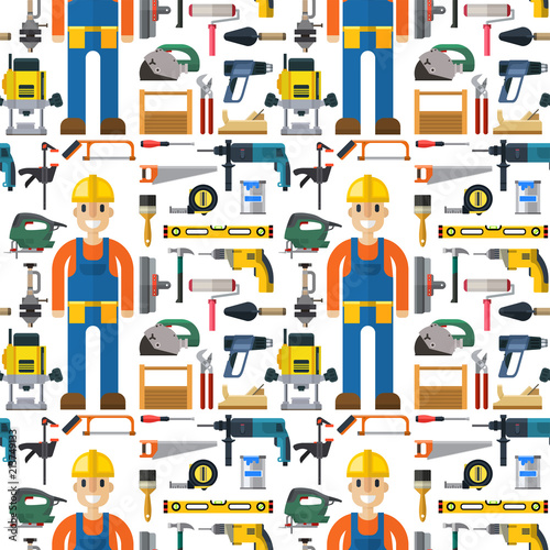 Construction man and building tools carpenter industry worker equipment seamless pattern background vector illustration.