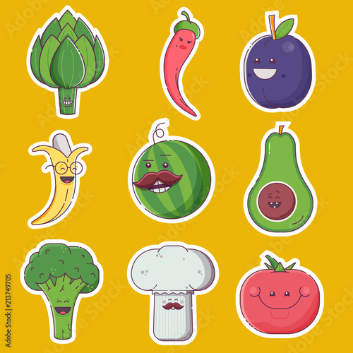 Happy fruit and vegetable stickers for vegan social networks and healthy lifestyle advertising. Cheerful flat vegetables and fruits faces.