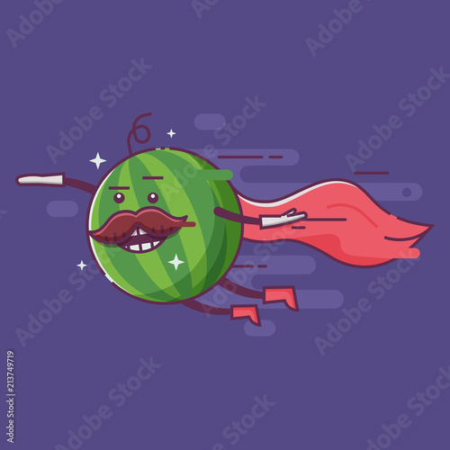 Funny cartoon superhero watermelon character with mustache, humanized fruit sticker or poster. Flying vegetable hero with red cape and boots. Healthy vegan and vegetarian food comic character.