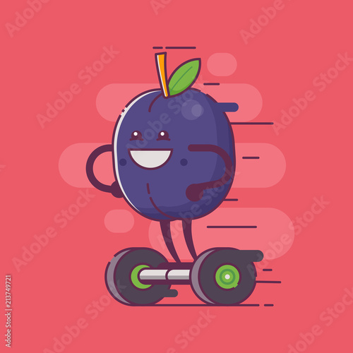 Funny cartoon plum character riding self-balancing gyro scooter, humanized fruit on hoverboard sticker or poster. Smiling vegan food character ride electric scooter. Active lifestyle concept card.