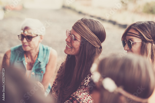Obraz na płótnie group of female girs mixed ages in celebration hippy party