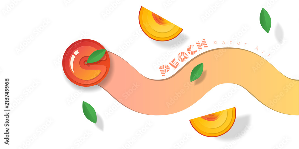 Fototapeta Fresh peach fruit background in paper art style , vector , illustration