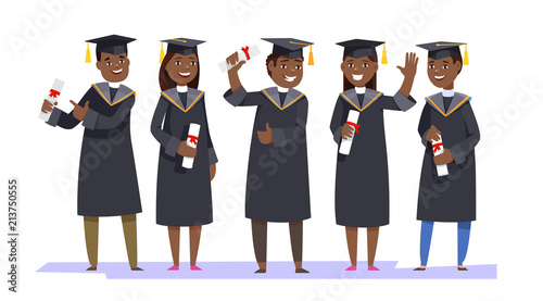 Group happy graduates with diplomas on graduation ceremony