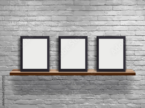 Vector mock up three blank frame on wood shelf with white brick wall, Loft workspace concept