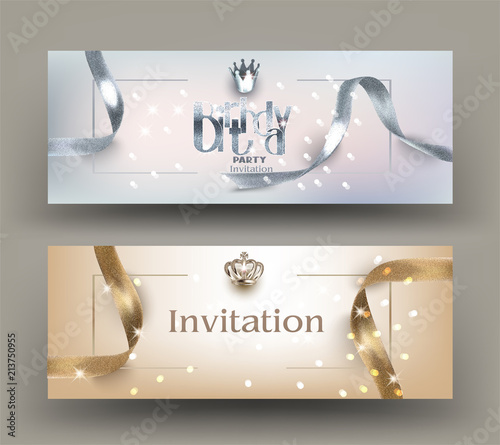 Birthday party invitation card with  ribbons, beautiful crown and cream cakes. Vector illustration