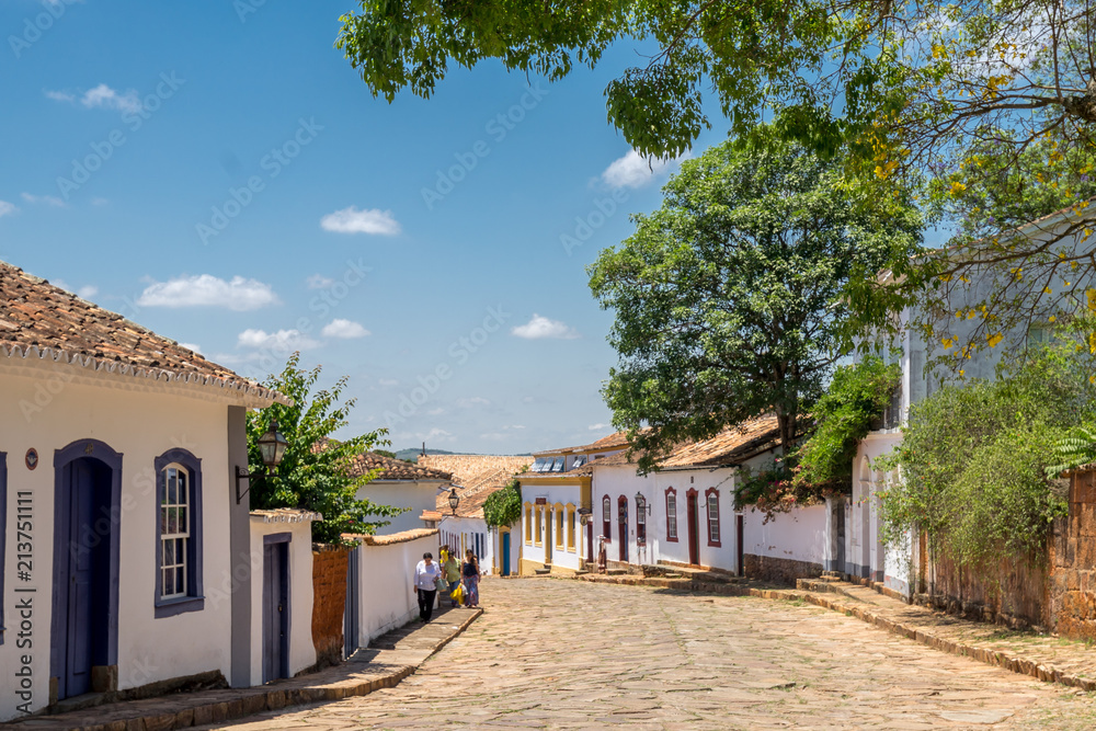 Street view of the cobble stoned streets of colonial city Tiradentes in Minas Gerais, Brazil