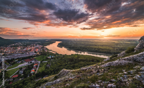 View of Small City of Hainburg an der Donau with Danube River as Seen from Braunsberg Hill at Beautiful Sunset