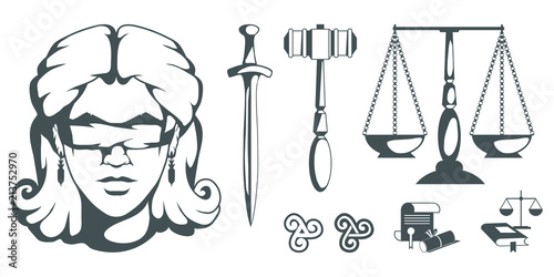 Themis - Ancient Greek goddess of justice. Hand drawn scales of justice. Symbols of the femida - justice, law, scales. Libra and a sword in hands, a bandage on eyes. Vector graphics to design