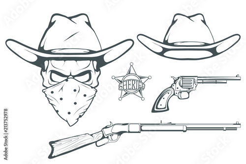 Cowboy Set for design. Hand drawn cowboy hat. Cartoon character man in the wild west. Retro Rifle and revolver. Sheriff's Badge. Western. Elements of the Wild West. Vector graphics to design
