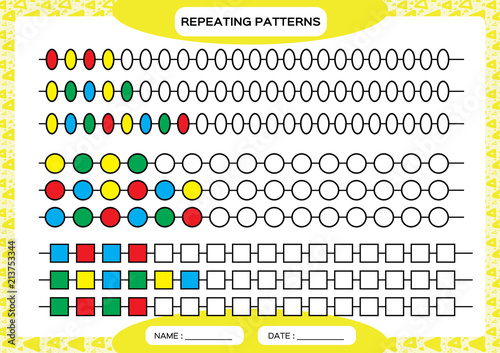 Complete repeating patterns. Worksheet for preschool kids. Practicing motor skills, improving skills tasks. Complete the pattern. Color beads. Yellow background. Square, circle, oval.