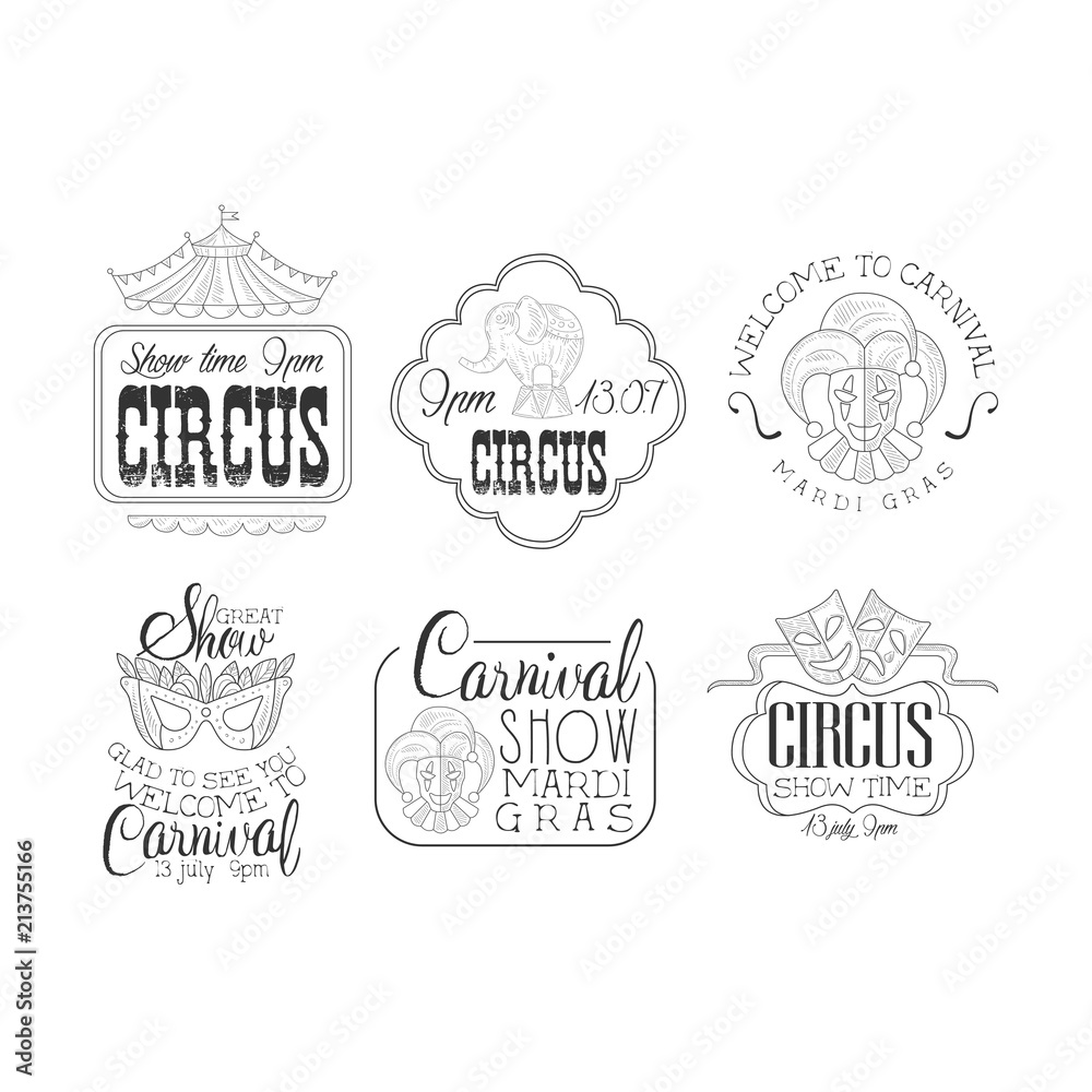 Vector set of hand drawn signs for circus and Mardi Gras carnival. Sketch style emblems with masks, elephant, jesters and top of tent