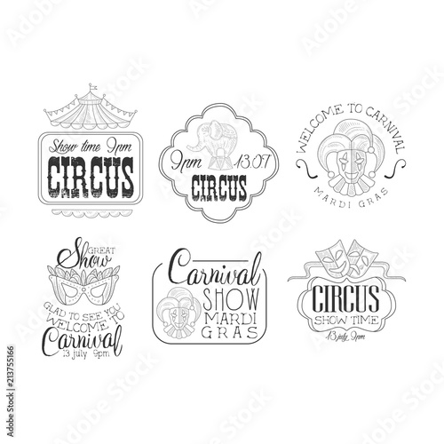 Vector set of hand drawn signs for circus and Mardi Gras carnival. Sketch style emblems with masks  elephant  jesters and top of tent