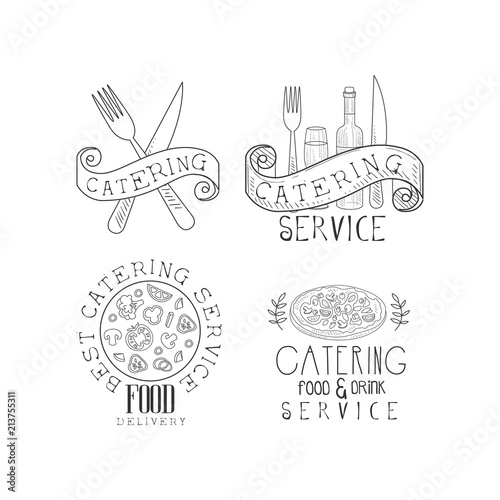 Set of 4 monochrome catering service emblems. Hand drawn vector logos with food, wine bottle and glass, forks and knives