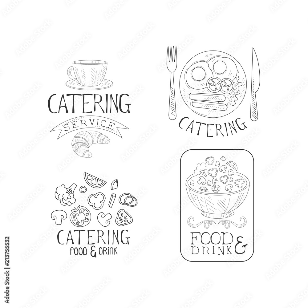 Creative catering service logos in sketch style. Hand drawn vector emblems with coffee cup, English breakfast, vegetables and salad bowl