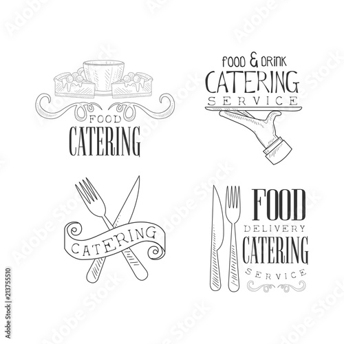 Vector set of sketch style emblems for catering services. Hand drawn logos with coffee cup and cakes, hand with serving tray and cutlery