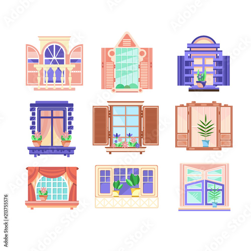 Flat vector set of colorful window frames. Flowers in pots on windowsills. House decoration elements. Building exterior theme