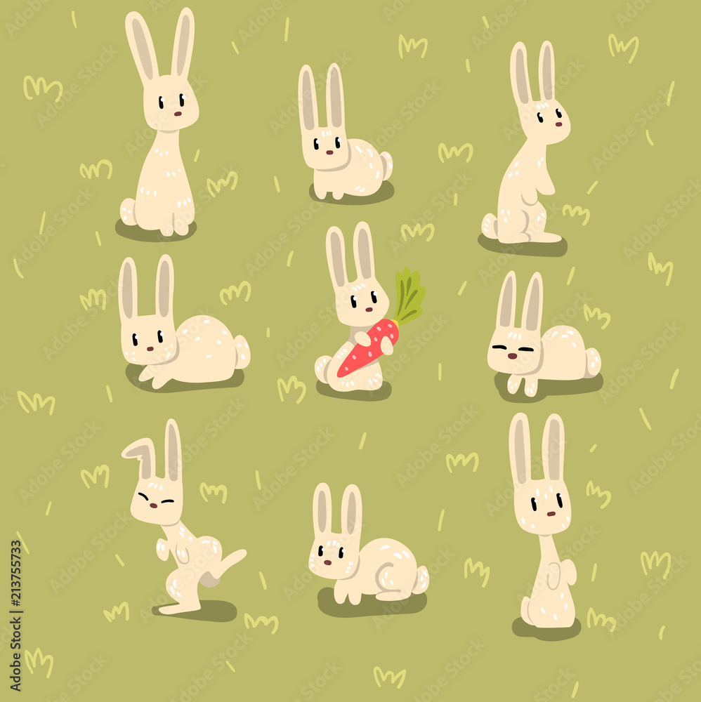 Obraz premium Flat vector set of small bunny in different poses on green grass. Funny animal with long ears. Elements for children book, postcard or print