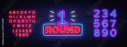 First Round is a neon sign vector. Boxing Round 1 bout, neon symbol design element Illustration neon bright, light banner. Vector Illustration. Editing text neon sign
