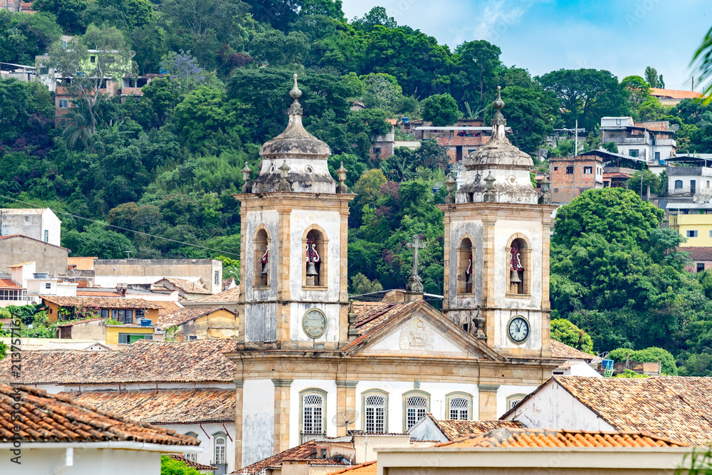 View from afar of the towers of the Nossa Senhora do Pilar cathedral, São João del Rei, Minas Gerais, Brazil
