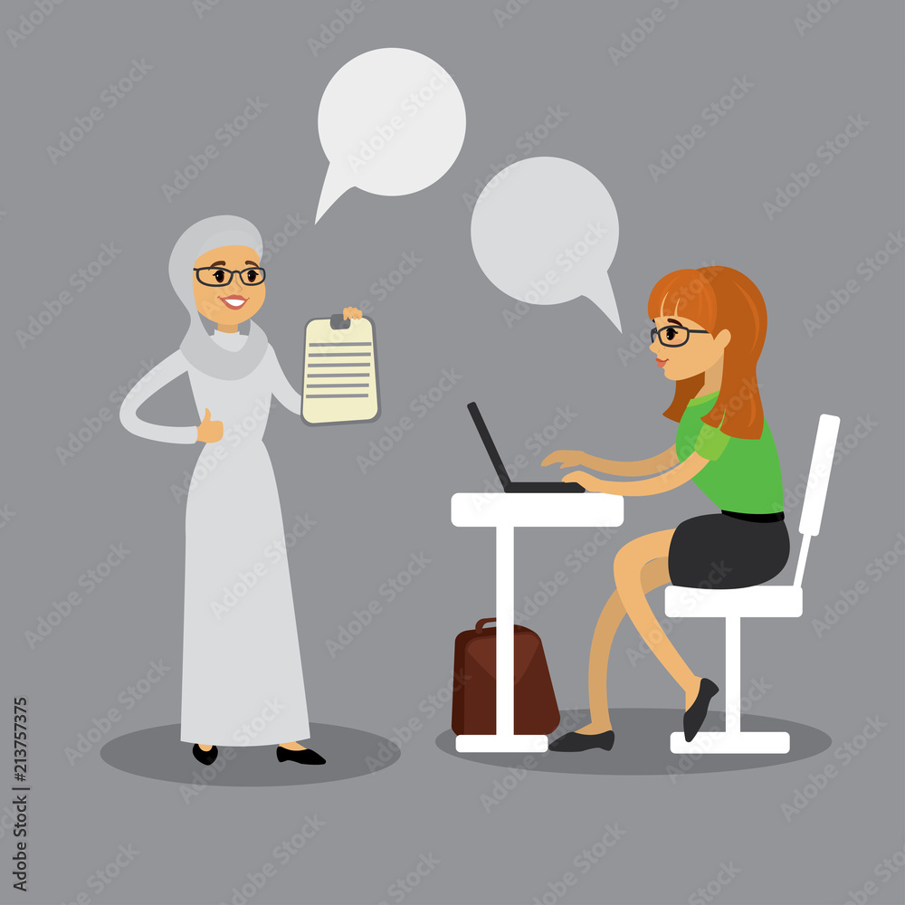 Two business women talking,caucasian office manager and arab boss Two business women talking,caucasian office manager and arab boss