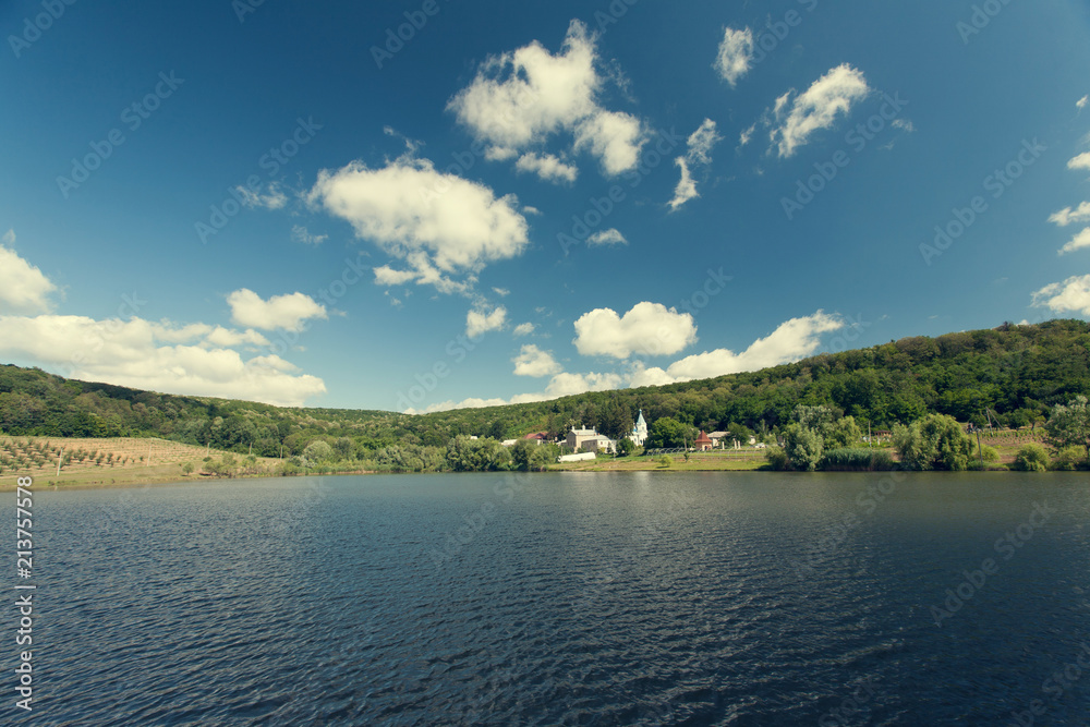 Landscape with lake about Thiganesty Monastery, Moldova.