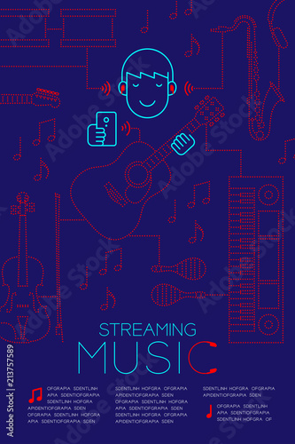 Man with earphone wireless connect smartphone  Streaming music concept magazine page layout design illustration isolated on dark blue background  with copy space