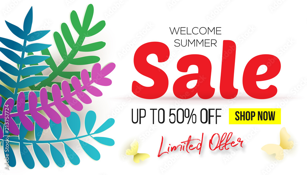 Fototapeta premium Summer Sale business offer vector banner design with leaves, plants. Negative space trend. Summer placard poster flyer invitation card. Paper art cut out style. Bright colors.