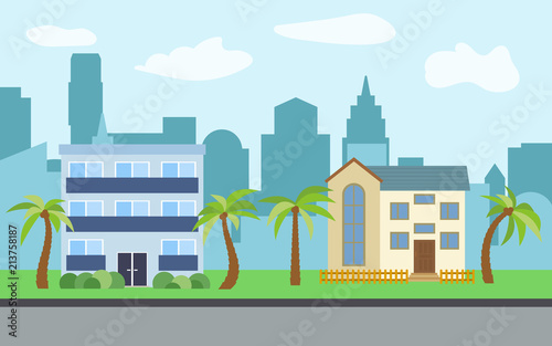 Vector city with two-story and three-story cartoon houses and palm trees in the sunny day. Summer urban landscape. Street view with cityscape on a background 