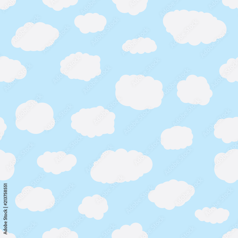 Seamless background with blue sky and white cartoon clouds. Vector illustration.
