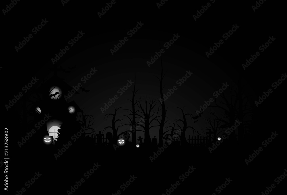 Halloween background and scary church on graveyard. Vector illumination