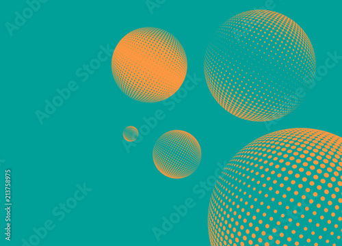 graphic halftone spheres poster background in orange on blue