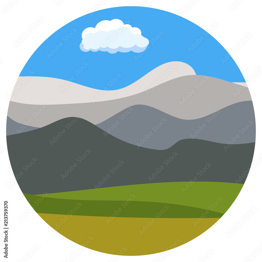 Natural cartoon landscape in circle. Vector illustration in the flat style with blue sky, clouds, hills and mountains.
