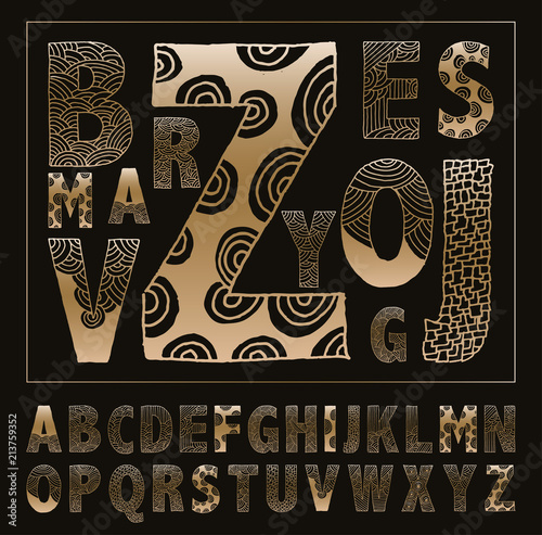 hand drawn alphabet decorated with graphic doodles in gold and black
