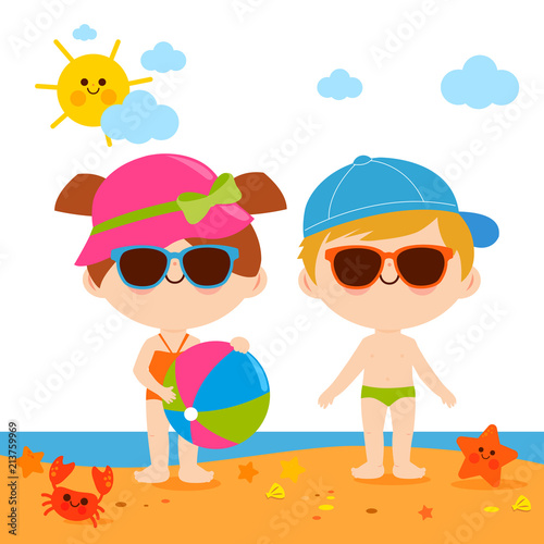 Children at the beach with hats and sunglasses. Vector illustration