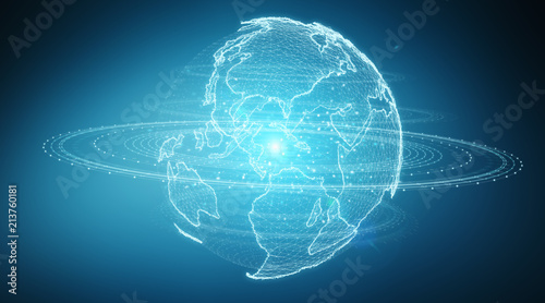 Globe network hologram with America Usa map 3D rendering