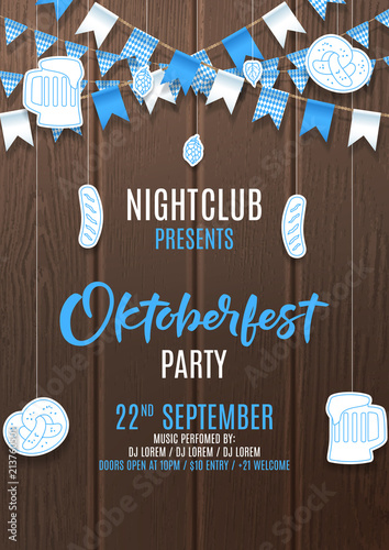 Oktoberfest party flyer invite. Vector illustration with realistic garlands and paper objects hanging on background of wooden texture. Invitation to nightclub.