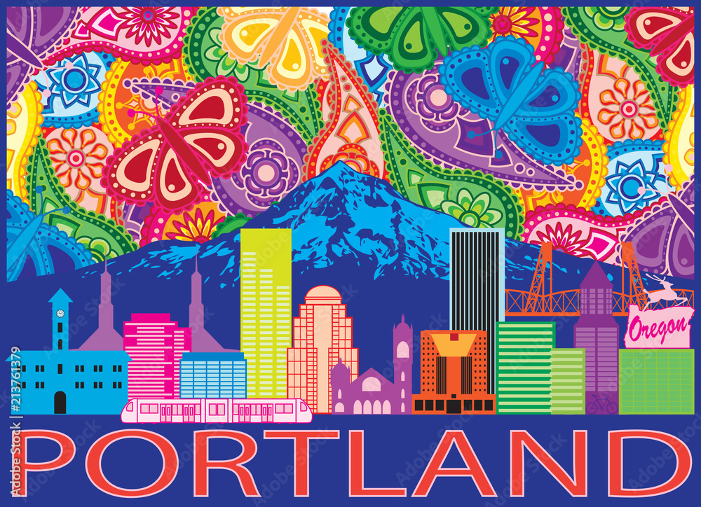 Portland City Skyline and Mount Hood Color Paisley vector Illustration
