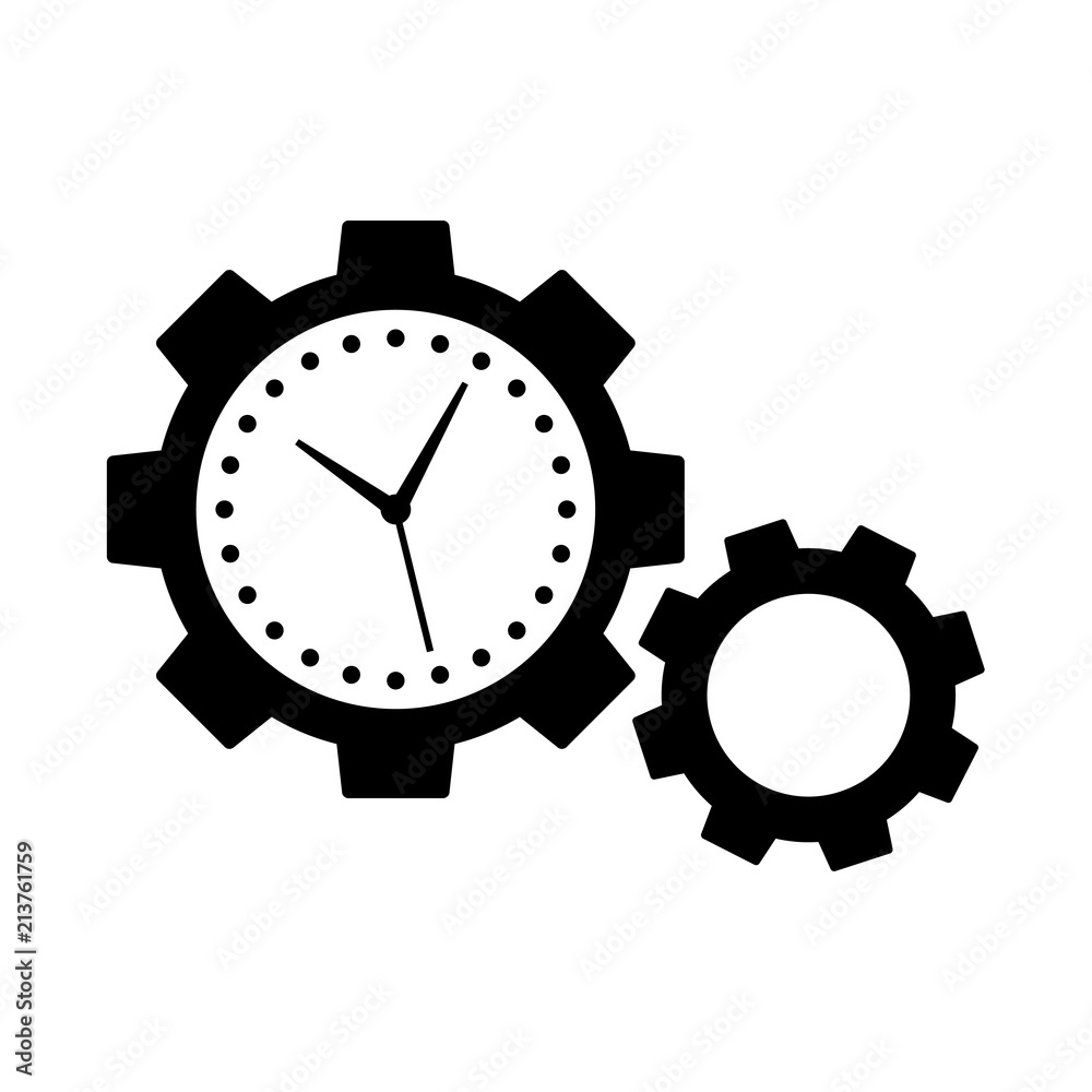 Icono plano dos engranajes con manecillas reloj en color negro Icono plano dos engranajes con manecillas reloj en color negro