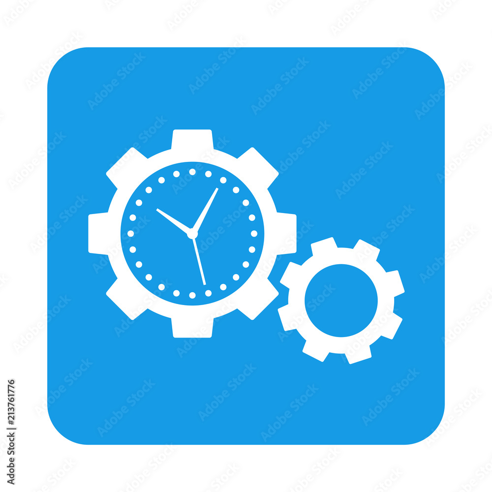 Icono plano dos engranajes con manecillas reloj en cuadrado azul Icono plano dos engranajes con manecillas reloj en cuadrado azul