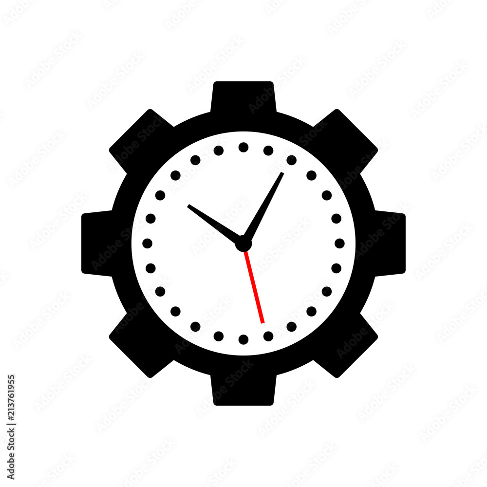 Icono plano engranaje con manecillas reloj en negro y rojo Icono plano engranaje con manecillas reloj en negro y rojo