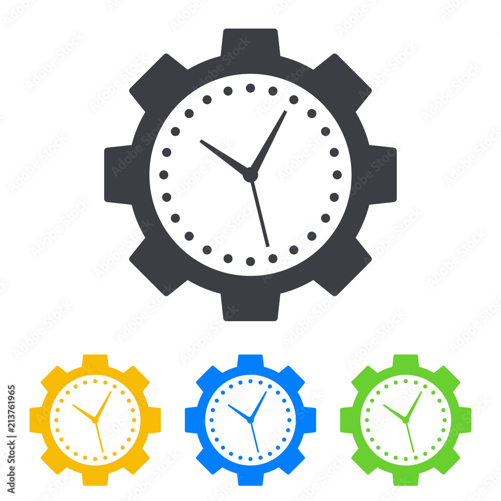Icono plano engranaje con manecillas reloj en varios colores Icono plano engranaje con manecillas reloj en varios colores
