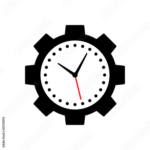 Icono plano engranaje con manecillas reloj en negro y rojo