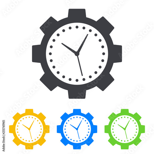 Icono plano engranaje con manecillas reloj en varios colores