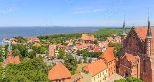 Frombork, view of city and Vistula bay from cathedral belfry called Radziejowski tower