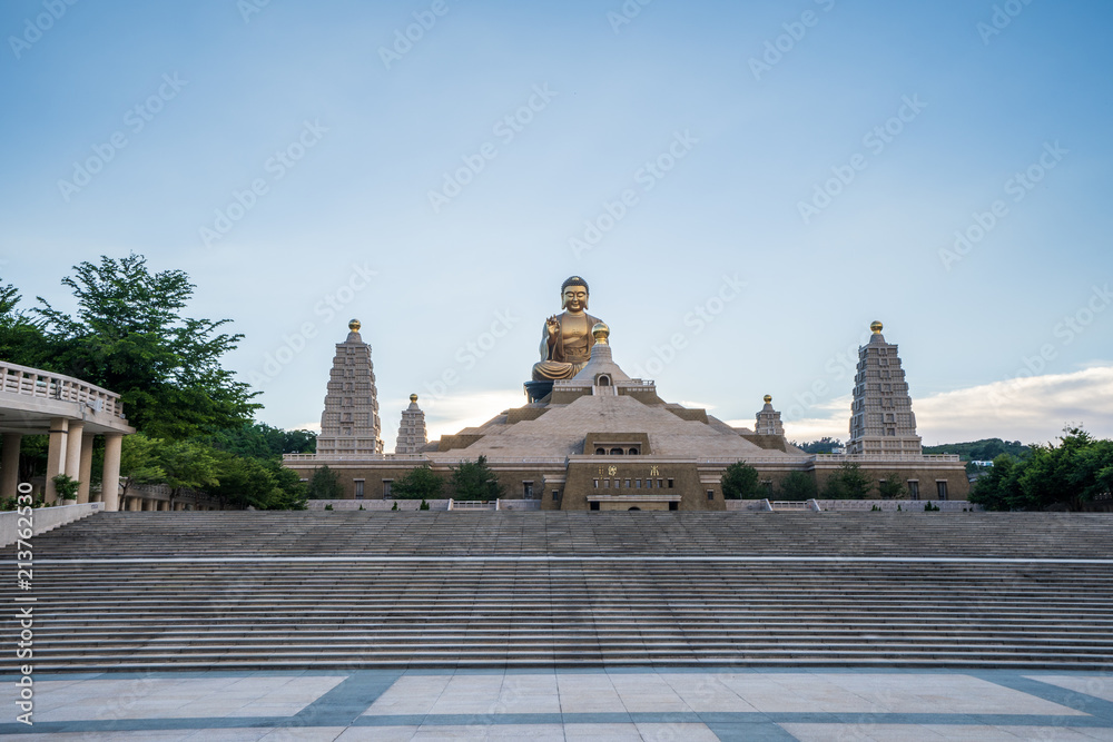 Wide view of the main Buddha sculpture of the Fo Guang Shan Buddha memorial center Kaohsiung