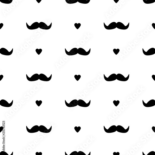 Seamless pattern with black mustache and hearts.